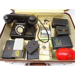  ATM black bakelite telephone, Kodak Instamatic 304, Kodak no. 127 film camera with box, other vintage cameras, Walker & Hall silver-plated hip flask, Eversharp propelling pencil, rolled gold propelling pencil, Victorian and silver mother-of-pearl card case, regimental badges   