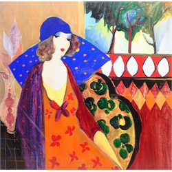 After Itzchak Tarkay (Israeli 1935-2012): 'Indigo Chapeau', colour print 63cm x 64cm