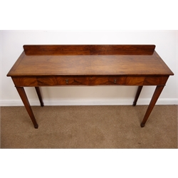 Early 20th century walnut serving table, crossbanded top with herringbone banding, single frieze and end drawers on square tapered supports with spade feet, W153cm, H98cm, D48cm  