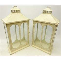  Pair cream painted glazed lanterns with carry handles, H59cm x W30cm  