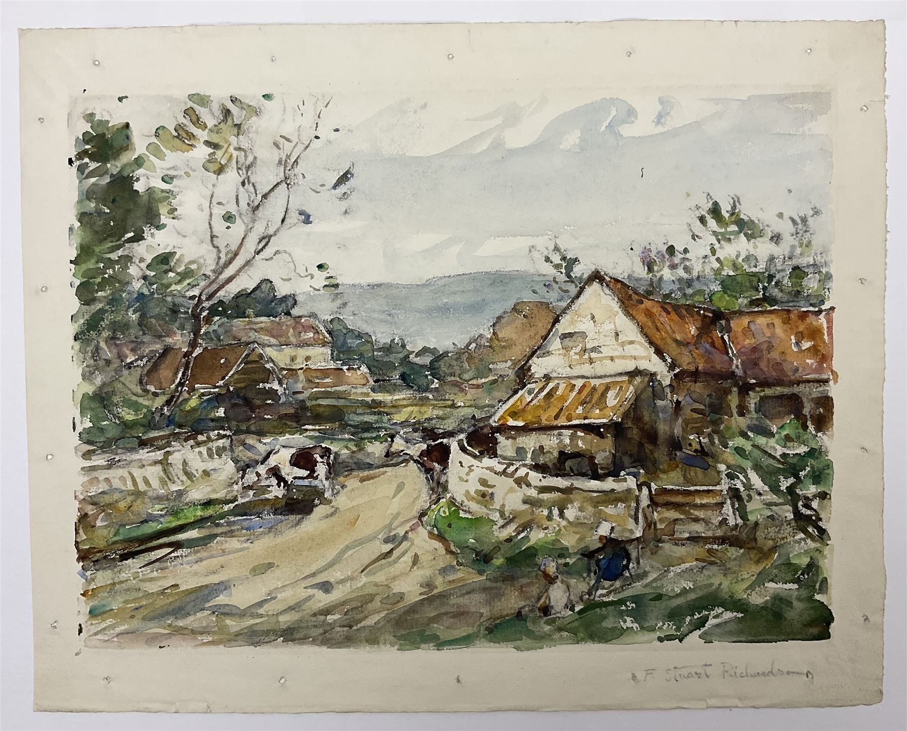 Frederic Stuart Richardson (Staithes Group 1855-1934): 'Hauling Timber above Gatcombe - Long Ashton' Somerset, set three watercolours signed in the margin, titled verso 21cm x 29cm (3) (mounted)