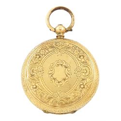 Early 20th century 14ct gold open face, key wound cylinder fob watch, engraved gilt dial with Roman numeral hour markers, case with engraved foliate decoration, stamped 14K