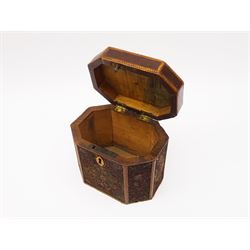 George III mahogany and quillwork tea caddy, of octagonal form, the base decorated with gilded paper scrolls in the form of stylised flowers, within strung chequer border, the hinged cover with turned ivory finial, H12cm W13.5cm D9.5cm