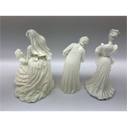 Six Royal Worcester figures, comprising The Wedding Day, New Arrival, The Christening, First Steps, Once Upon a Time and Sweet Dreams, all with printed marks beneath 