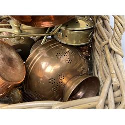 Copper and brass warming pan, with turned wooden handle and a collection of other copper and brass items, including planter, kettles, colander, etc together with a wooden gardeners trug and a twin handled wicker basket