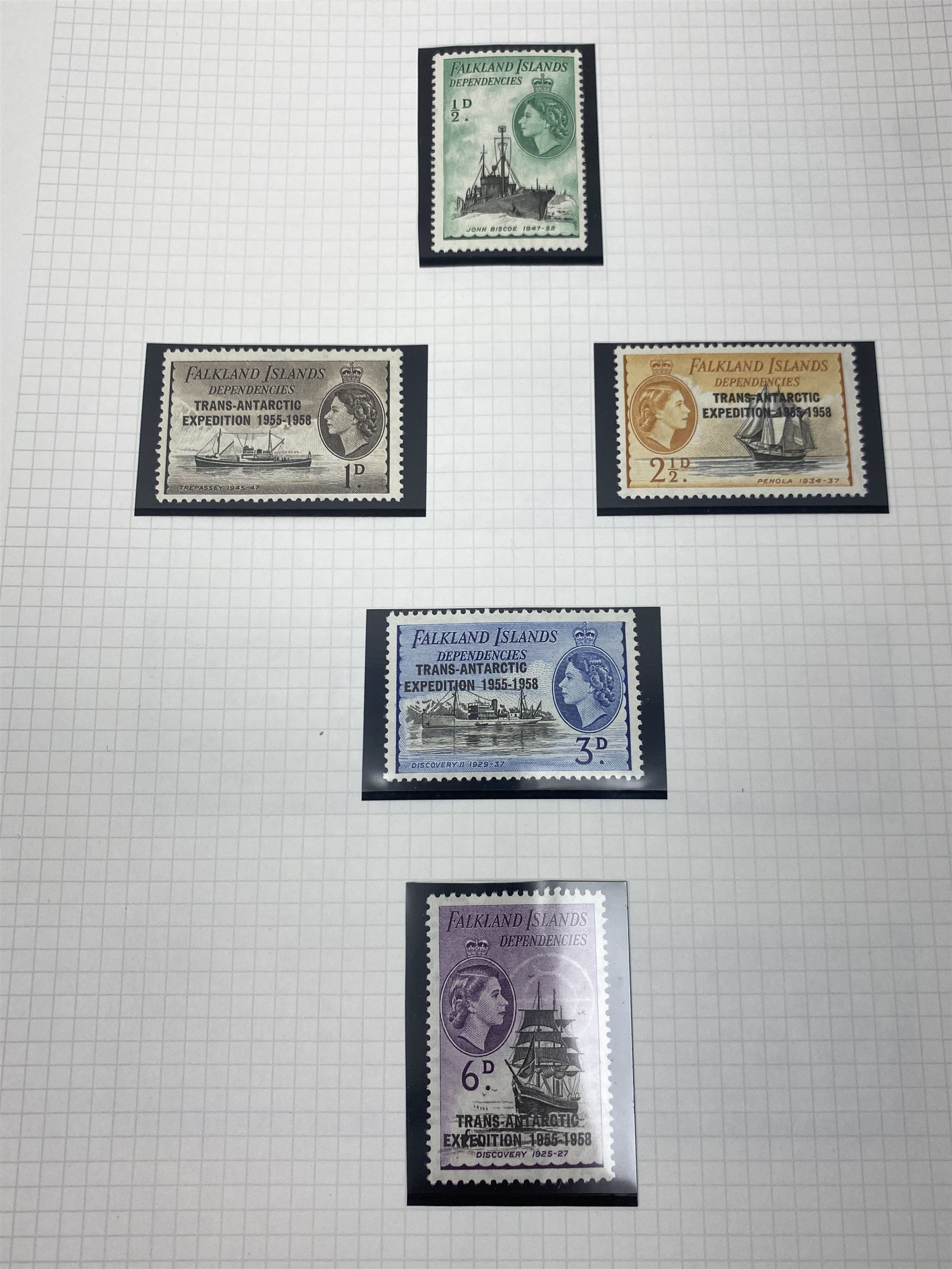 Falkland Islands, King Edward VII and later stamps, including 1904-12 values to one shilling unused, King George V 1912-20 values to five shillings unused etc, housed on pages