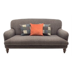 Tetrad - traditional shaped three seat sofa upholstered in Harris Tweed fabric, turned front supports, with complimentary pouffe and scatter cushions, W185cm, D103cm