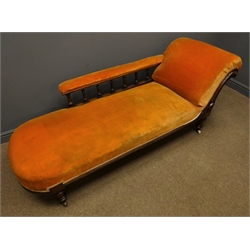  Victorian walnut framed chaise longue, upholstered in an rust velvet, scrolled carved and moulded arm, turned supports, L190cm  