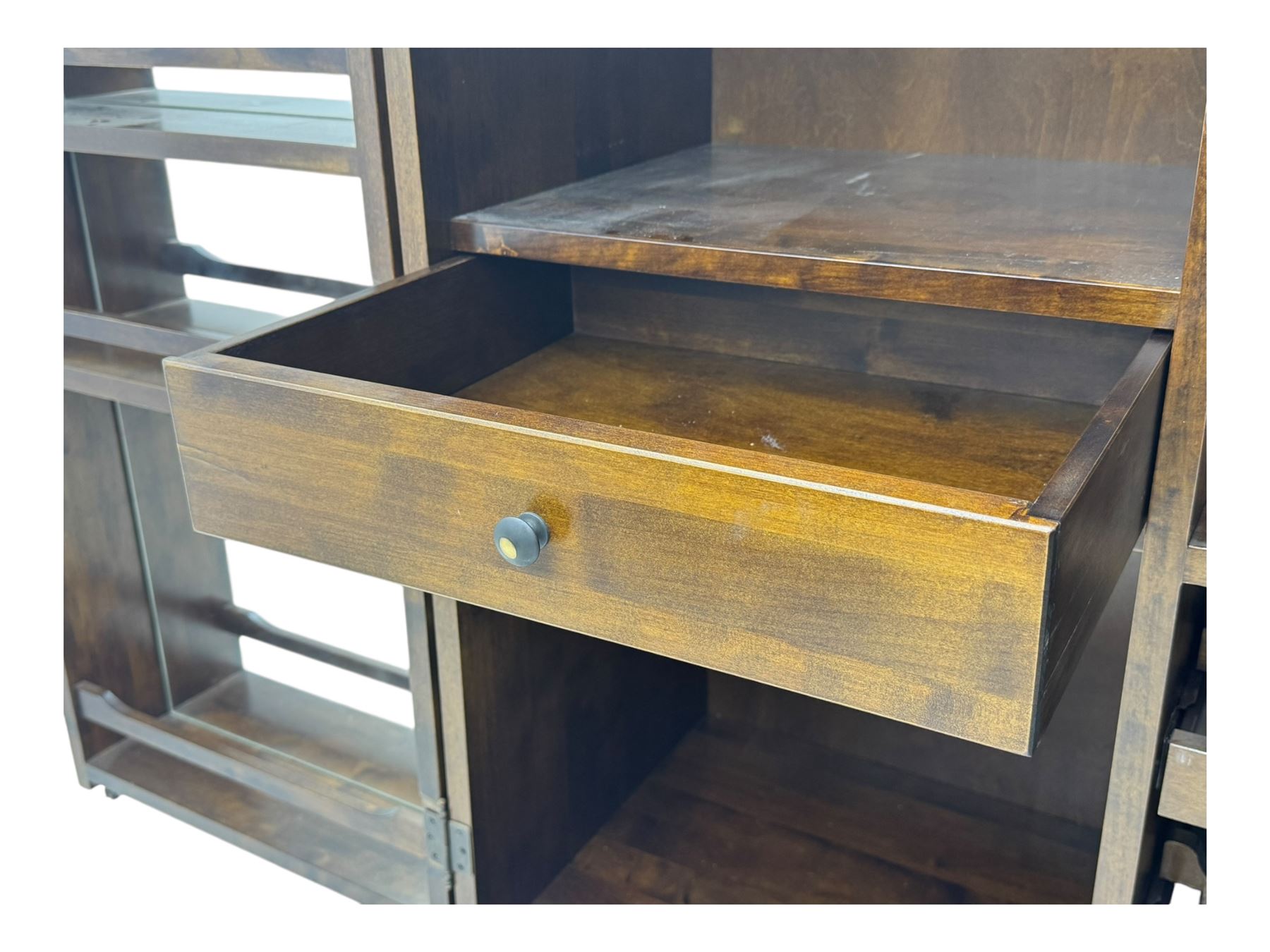 Laura Ashley - contemporary 'Garret' birch and dark chestnut finish bar cabinet, rectangular top with fold-out sides, double front doors enclosing shelving, wine racks, and glass storage, built-in stemware racks and bottle compartments, raised on plinth base