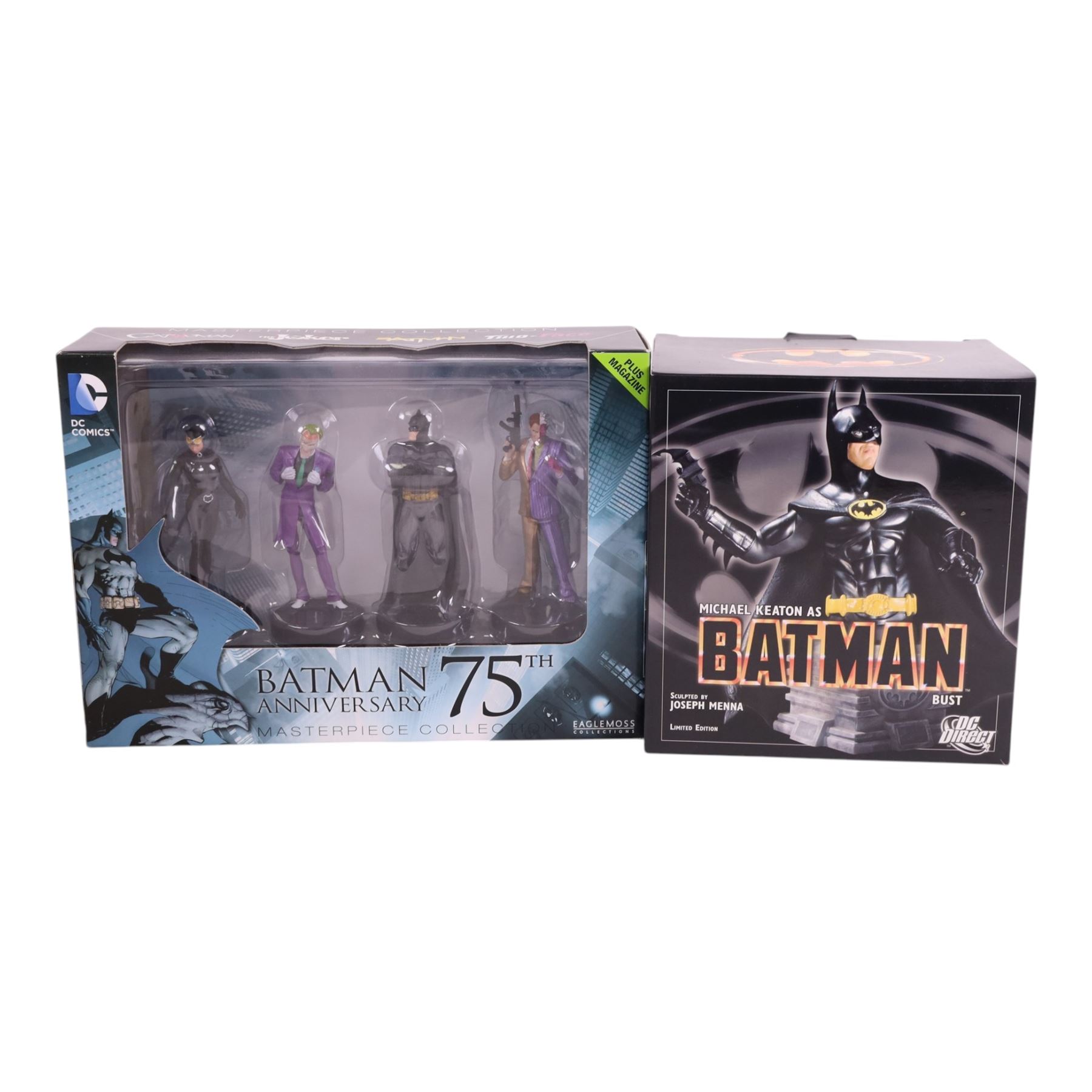 Batman figures and models, comprising Eaglemoss Batman 75th Anniversary Masterpiece Collection, Toy Biz Turbine Sound Batmobile, Corgi 1:24 scale Batmobile, Eaglemoss Batcycle, DC Direct Michael Keaton as Batman bust and an Eaglemoss Batman Automobilia Collection Special Edition Arkham Knight Video Game Batmobile, all boxed