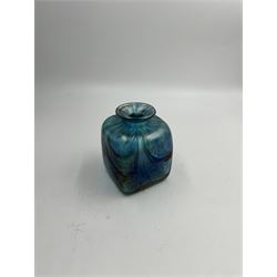 Robert Held glass vase, decorated with iridescent threads and pulls over a blue ground, together with glass vase of squat square form, tallest H10cm, both with original boxes 