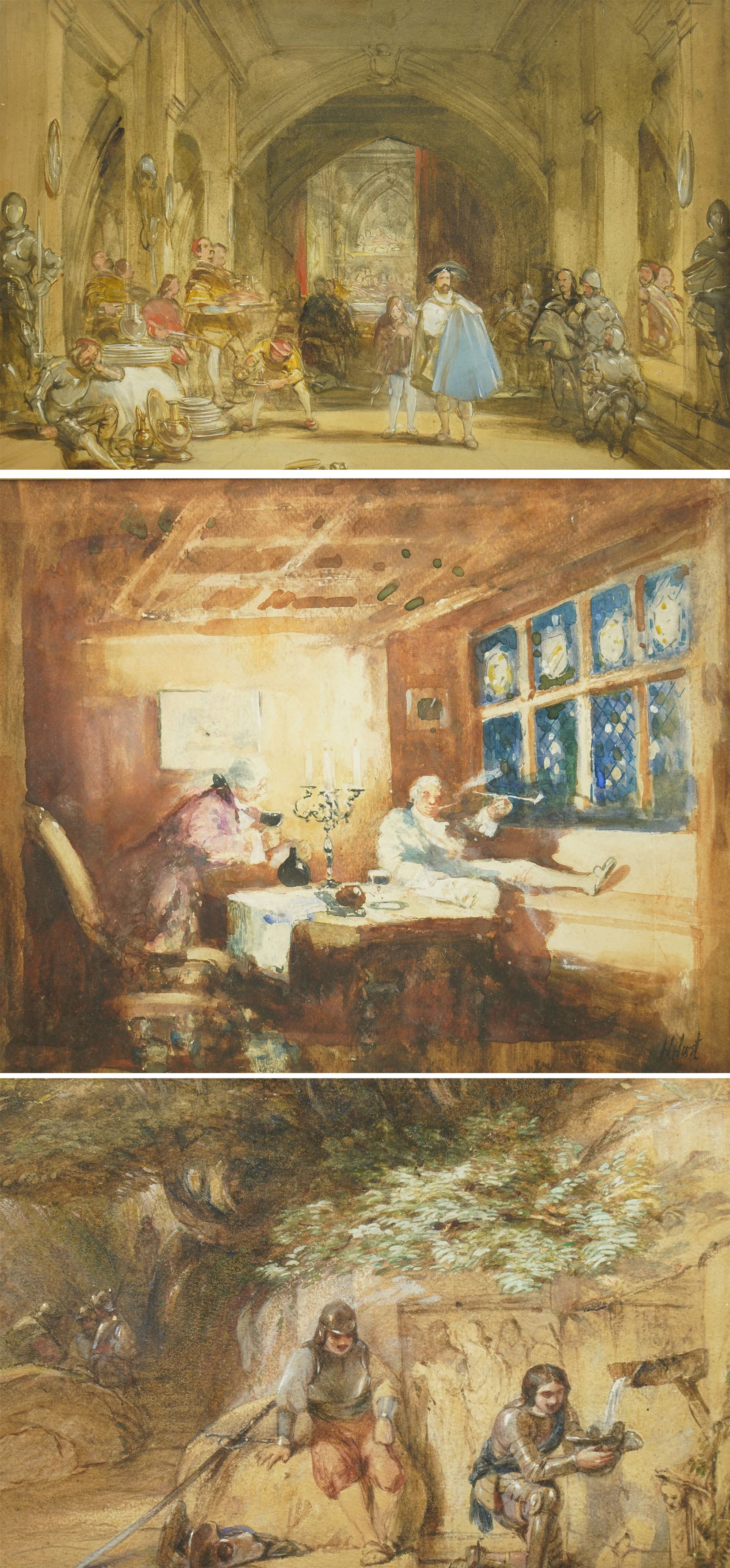 Circle of George Cattermole (British 1800-1868): The Lord's Entrance and Knights at Rest by Sarcophagus, two watercolours signed; (Henry William Lowe) Hurst (British 1865-1938): 'Old Cronies', watercolour signed max 27cm x 42cm (3)