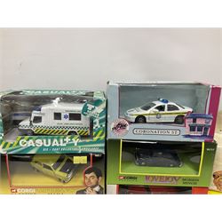 Corgi - nineteen TV/Film related die-cast models including Kojak, Last of the Summer Wine, Return of the Saint, Heartbeat, Daktari, Casualty, Z-Cars, Lovejoy, Mr. Bean, Buster, Harry Potter, Monkees, Some Mothers etc; all boxed (19)