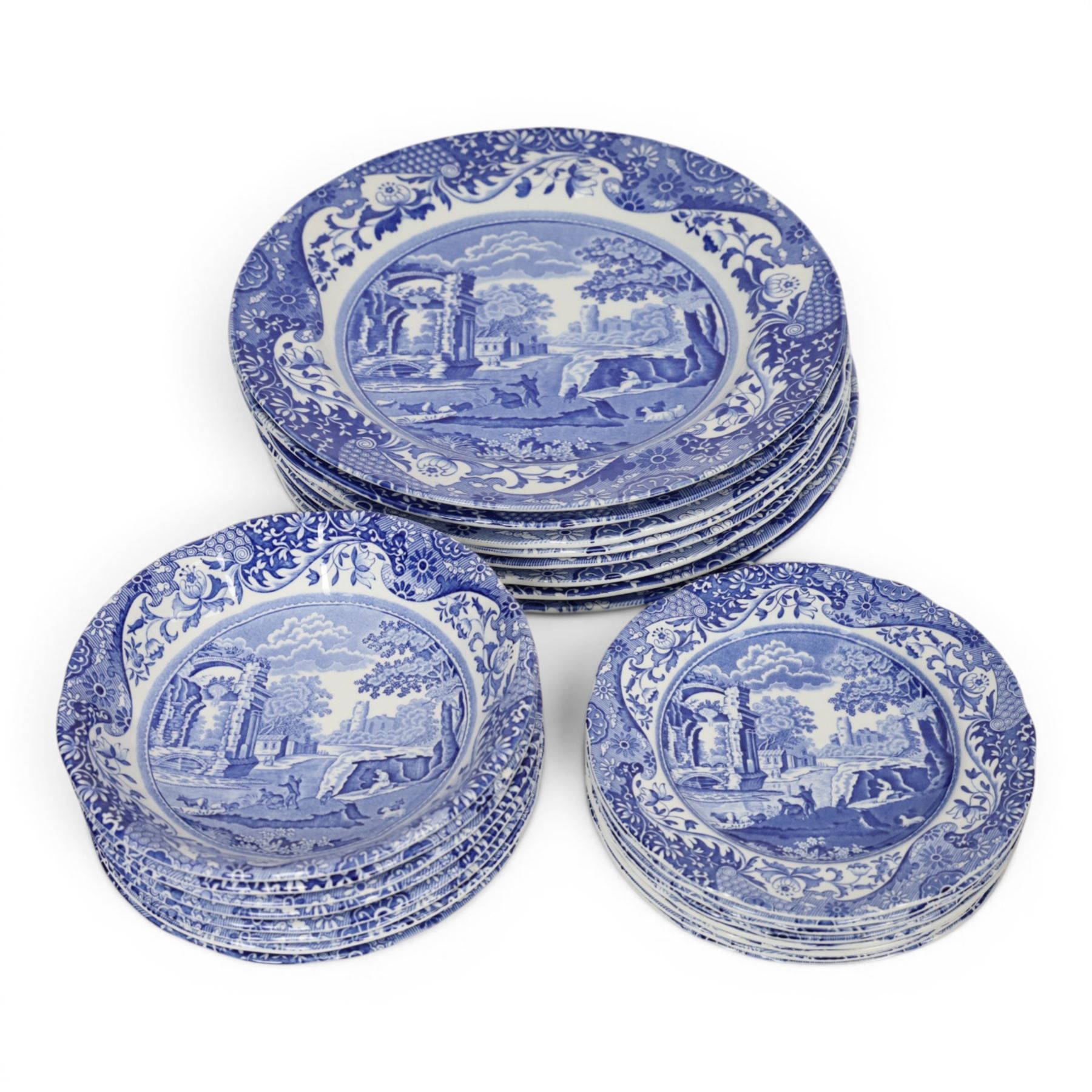 Spode Italian pattern dinner service for eight place settings, including dinner plates, side plates, soup bowls, bowls, two covered tureens, two graduating serving platters, serving bowl etc 