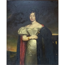  Portrait of a Lady, three-quarter-length Standing in a Landscape in a white silk gown and cloak, 19th century oil on canvas unsigned 126cm x 100cm  