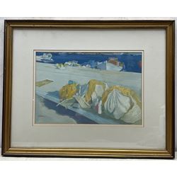 Irene Halliday (Scottish 1931-2023): 'Yellow Nets - Quayside Symi' Greece, gouache signed, titled verso 23.5cm x 35cm 