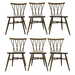 Lucian Ercolani for Ercol - set of six 'Shalstone dining chairs, curved top rail and spindle back with criss-cross design, solid seat raised on tapering supports, united by matching criss-cross stretchers
