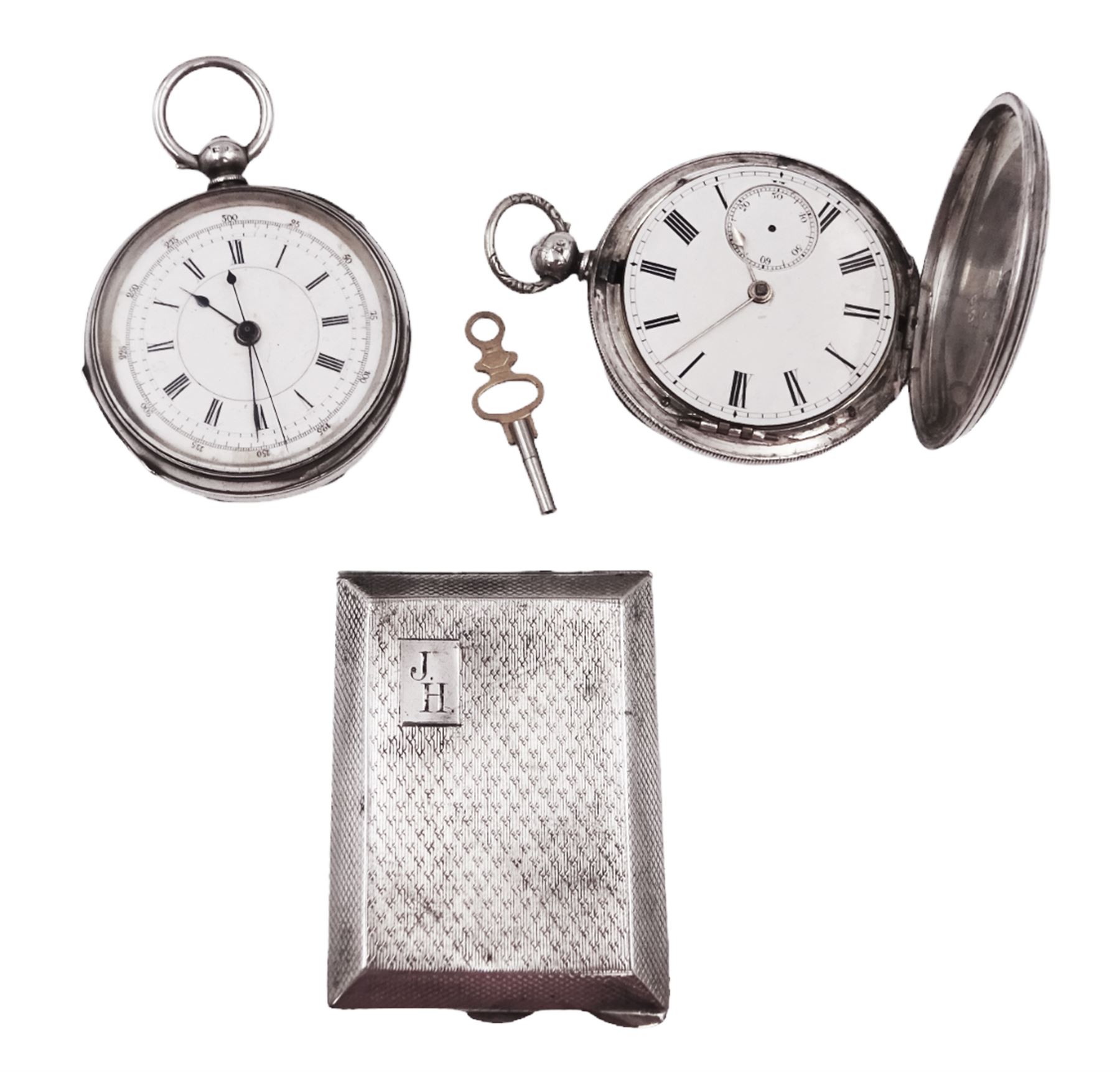 Victorian silver full hunter lever pocket watch, hallmarked John Hammon, London 1876, together with a Victorian silver Chronograph pocket watch, with personal engraving to inside case,  hallmarked Leopold Bessire, Birmingham 1887, and a 1930s silver match case, with engine turned decoration and engraved initials, hallmarked Walker & Hall, Chester 1933