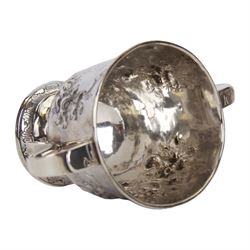 George I silver porringer, of typical form with flat capped twin curved handles,  the body with later presentation engraving surrounded by later embossed foliate decoration, upon a spreading circular foot, hallmarked Sarah Holaday, London 1723, H10.5cm