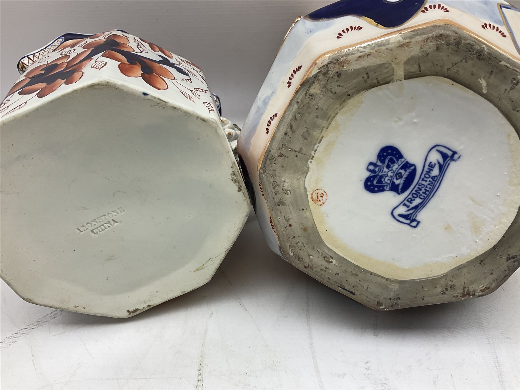 19th century ironstone wash jug and bowl set decorated in the Imari palette, together with two further smaller ironstone jugs similarly decorated, bowl D35cm