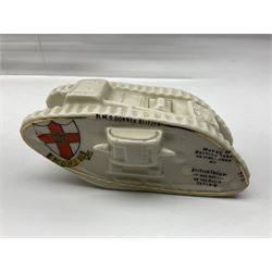 Ten WW1 crested china military models of tanks and field guns; various makers including Goss, Grafton China, Arcadian China, Savoy China etc; various crests including Portsmouth, Brighton, Pendleton, Paignton, Cowes, Flamborough etc (10)