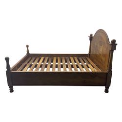 Contemporary mango wood bed frame, comprising an arched panelled headboard and footboard with inlaid geometric patterns, turned posts with spherical finials, and complete with side rails and slatted base