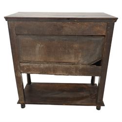 19th century oak cupboard cabinet, the moulded rectangular top above a deeply carved front carved with frieze of lunettes above a central panelled cupboard door with lozenge and foliate carving, flanked by vertical carved panels, upon turned legs with boarded lower shelf