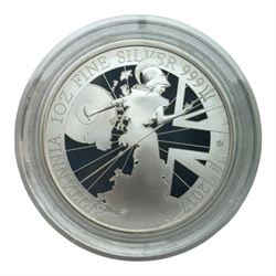 Five silver proof coins, comprising The Royal Mint United Kingdom 2016 'Shakespeare' one ounce two pounds, 2017 'Britannia' one ounce two pounds, Bailiwick of Jersey 2016 'Battle of Hastings' ten pounds coin bar, 2018 '100 Years of the Royal Air Force' five pounds and South Africa 'Krugerrand' one ounce, all cased with certificates