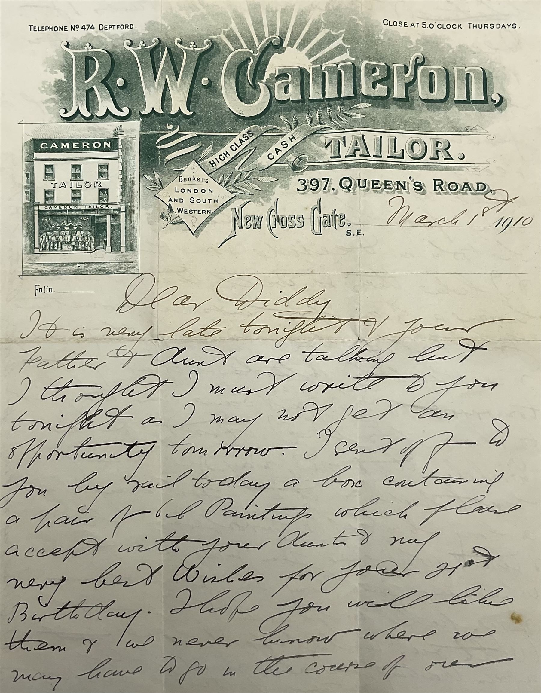 Alfred Augustus Glendening Snr. (British 1840-1921): Cattle and Sheep beside the River Dee, pair oils on board and canvas signed with monograms and dated '09, 19cm x 29cm (2)
Provenance: with original hand written letter of provenance from Uncle Bob (R W Cameron, Tailor of Queen's Road, London) gifting the pictures to his niece Diddy for her 21st Birthday dated March 1st 1910