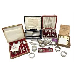 Group of silver to include cased set of six silver handled knives hallmarked Birmingham 1921 by Raeno Silver Plate Co, three hallmarked napkin rings etc together with silver plated and other metalware etc