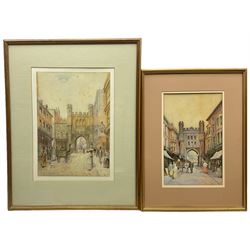 Charles Rousse (British fl.1870-1890): Newborough Bar - Scarborough, watercolour signed; Frank Harris (British 19th century): Scarborough Victorian Street Scene, watercolour signed max 34cm x 24cm (2)