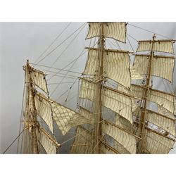 Three masted kit built sailing ship with cloth sales, deck fittings and full rigging, on open display, L110cm, H80cm  