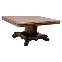 Victorian mahogany tilt-top table dining table, rounded tilt rectangular top with moulded edge, on octagonal column, raised on shaped quadriform base with bold scrolled feet