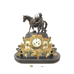  19th century bronzed spelter figural mantel clock, figure depicting horse with farm hand, the Roman dial signed 'Hrv Marc a Paris', gilt and painted floral scrolled base decorated with farming tools and wheatsheaf, on ebonised base, H45cm (total including base)  