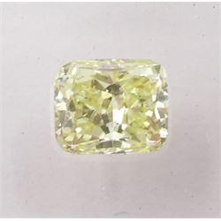 Certified loose fancy coloured cushion brilliant cut diamond, 'natural fancy yellow' colour of 0.57 carat, VS2 clarity, with International Gemological Institute report