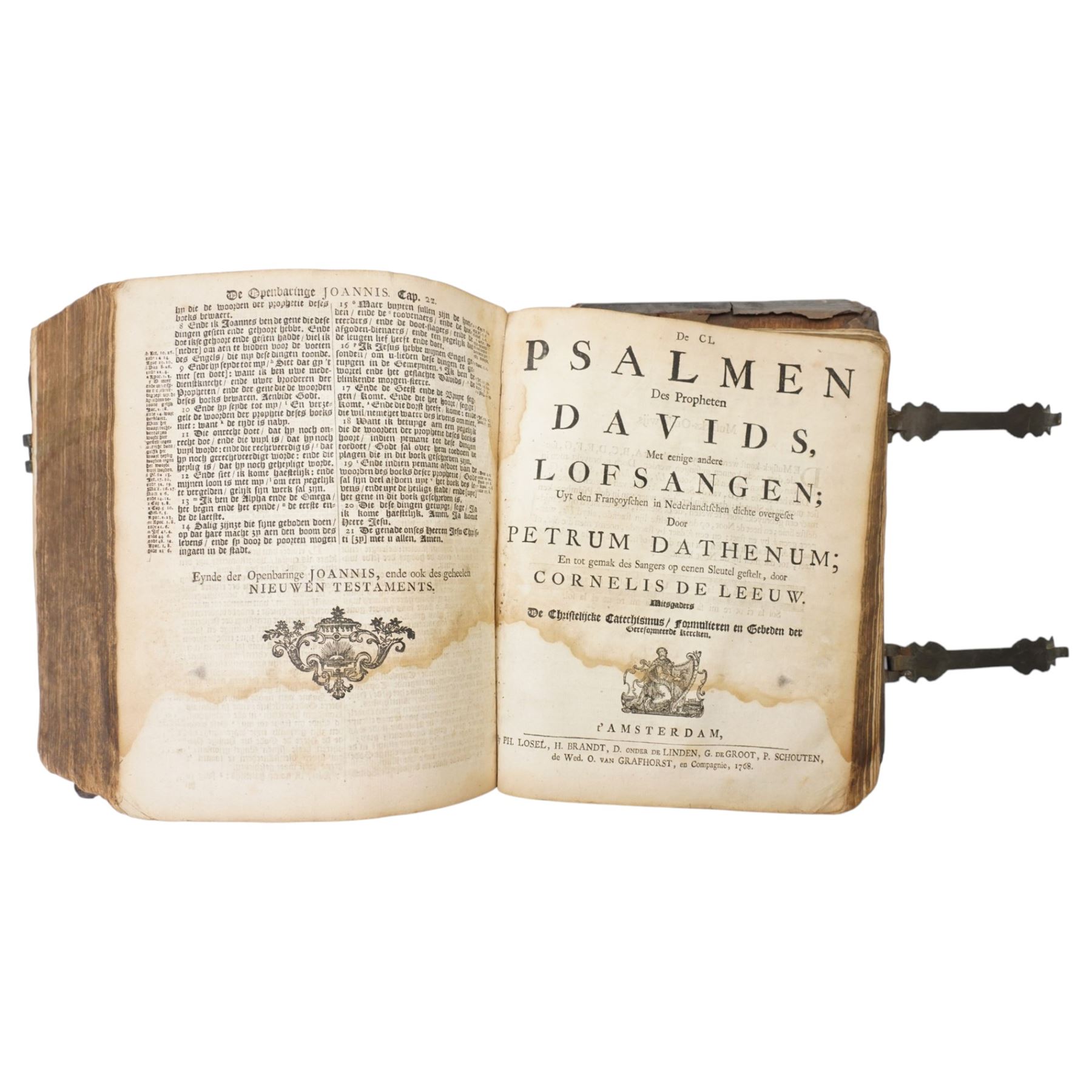 Biblia, dat is de gantsche H. Schrifture..., Dutch States Bible, engraved title, separate New Testament title, metrical Psalms with musical notation, Amsterdam: Ph. Losel, H. Brandt, D. Onder de Linden, G. de Groot, P. Schouten and de Wed. O. van Grafhorst, 1768, contemporary panelled calf with brass clasps, 29 x 23cm