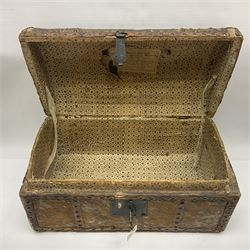 19th century pony skin dome top trunk with metal studded detail, the inside paper label inscribed 'Arabella Brown Trunk, Cheft, Box Maker & Undertaker', H25cm, L46cm 