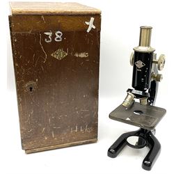 Black finished monocular microscope by Prior London No. 17372,  with pitchfork base and rack and pinion focusing, in original fitted wooden case with additional lenses, H32cm, together with Watts dumpy level, no. 116249, in a leather case