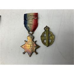 Three WW1 medals comprising 1914-15 Star awarded to 58648 Spr. C. Roberts R.E.; British War Medal and Victory Medal awarded to 87502 1.A.M. C. Roberts R.F.C.; and REME cap badge (4)