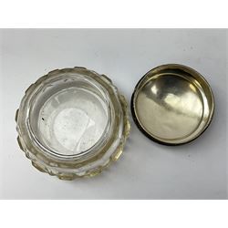 1920's century silver toped cut glass dressing table jar, hallmarked London 1921, together with a Victorian silver thimble, hallmarked Birmingham 1898, and a silver plated vesta case, (3)