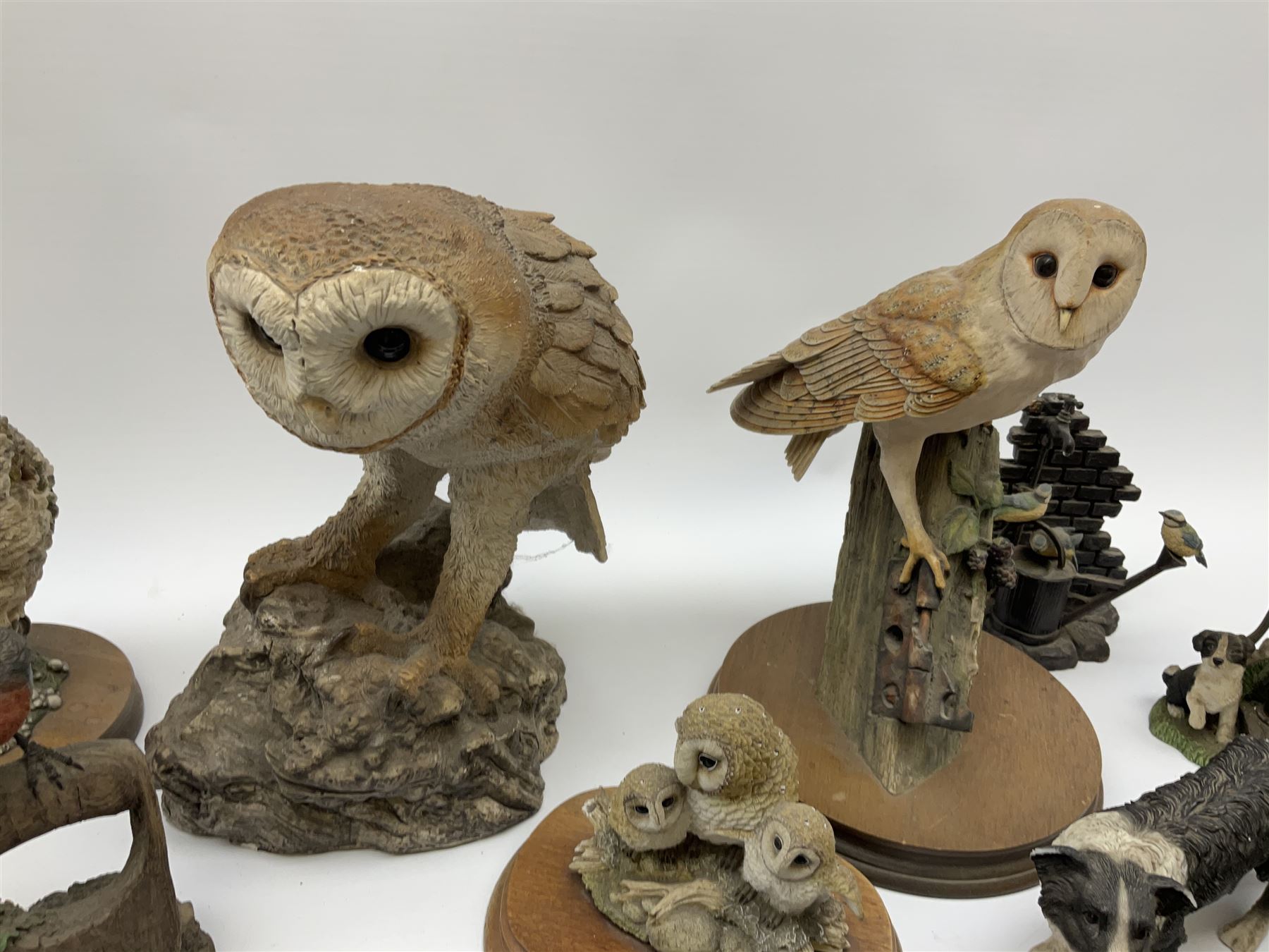 Leonardo Collection figures to include Spaniel, Border Collie, 'Nature Studies' and 'Farmyard Friends', a collection of figures including three owls a robin and a selection of farmyard scenes  