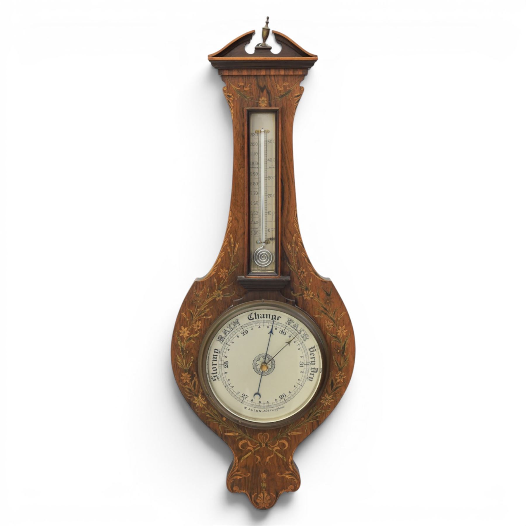 Edwardian mahogany barometer, shaped case with swan neck pediment and urn finial, satinwood inlaid floral and ribbon tied decoration, fitted with silvered thermometer scale over circular aneroid dial, signed W. Allen, Nottingham