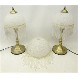  Pair brushed brass table lamps with Deco style glass shades and beaded fringing, with a matching shade, H46cm   