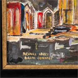 Brian Edwards (British 1944-): 'Rievaulx Abbey 1', acrylic on canvas signed, titled verso 44.5cm x 64.5cm
Notes: Dr Brian Edwards is Emeritus Professor of Architecture at ECA Edinburgh University. He is the author of the book ‘Understanding Architecture through Drawing’, has exhibited at the Edinburgh Festival, the RSA and architecture section of the RA Summer Exhibition. As a retired architect, his paintings explore the interface between art and architecture