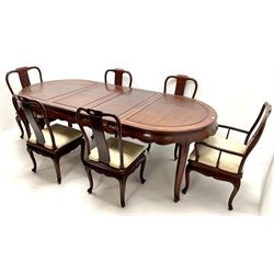 Chinese rosewood extending dining table, two leafs, shaped apron, carved, reed and tapering supports (W246cm, H78cm, D117cm) and set six (4+2) dining chairs, shaped cresting rail, carved splat, upholstered seat, tapering supports (W57cm)