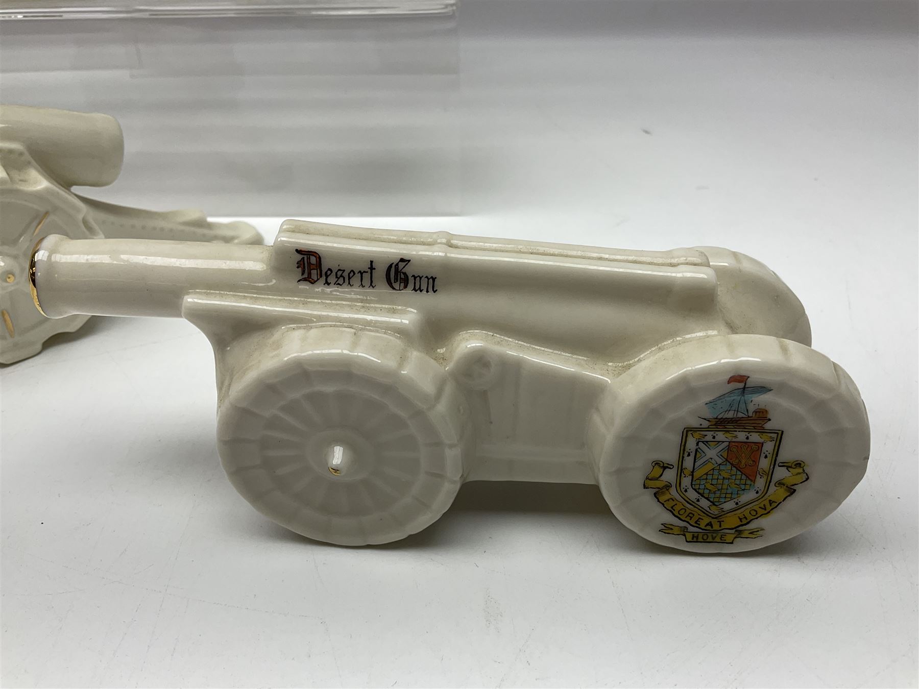 Ten WW1 crested china military models of tanks and field guns; various makers including Goss, Grafton China, Arcadian China, Savoy China etc; various crests including Portsmouth, Brighton, Pendleton, Paignton, Cowes, Flamborough etc (10)