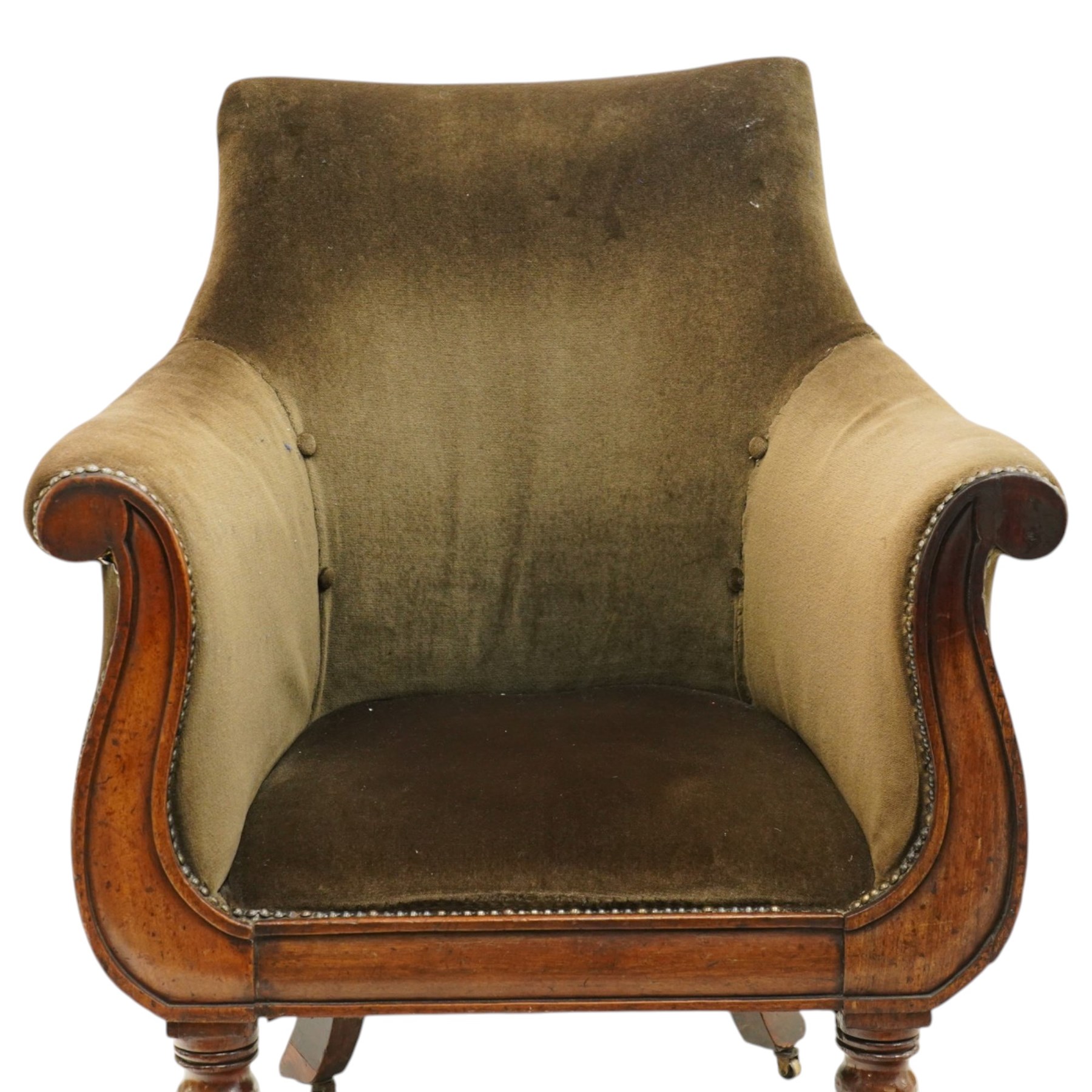 William IV mahogany framed lyre shaped library armchair, high back over scrolled arms and sprung seat, upholstered in chocolate brown velour fabric, the lyre-shaped frame raised on turned front and splayed rear supports with ceramic castors