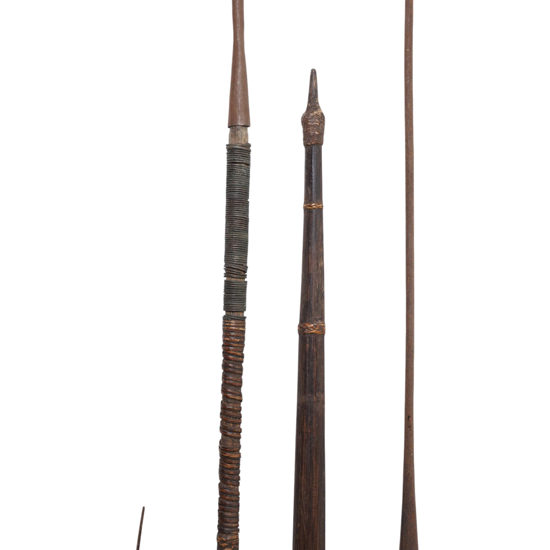 New Guinea self bow with decoration L144cm, a European bow, possibly Lapland, African spears and an axe