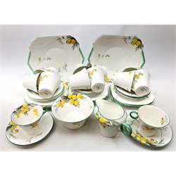  Shelley Regent shape tea service decorated in the Acacia pattern comprising twelve trios, two cake plates, sugar bowl and milk jug no. 12204   