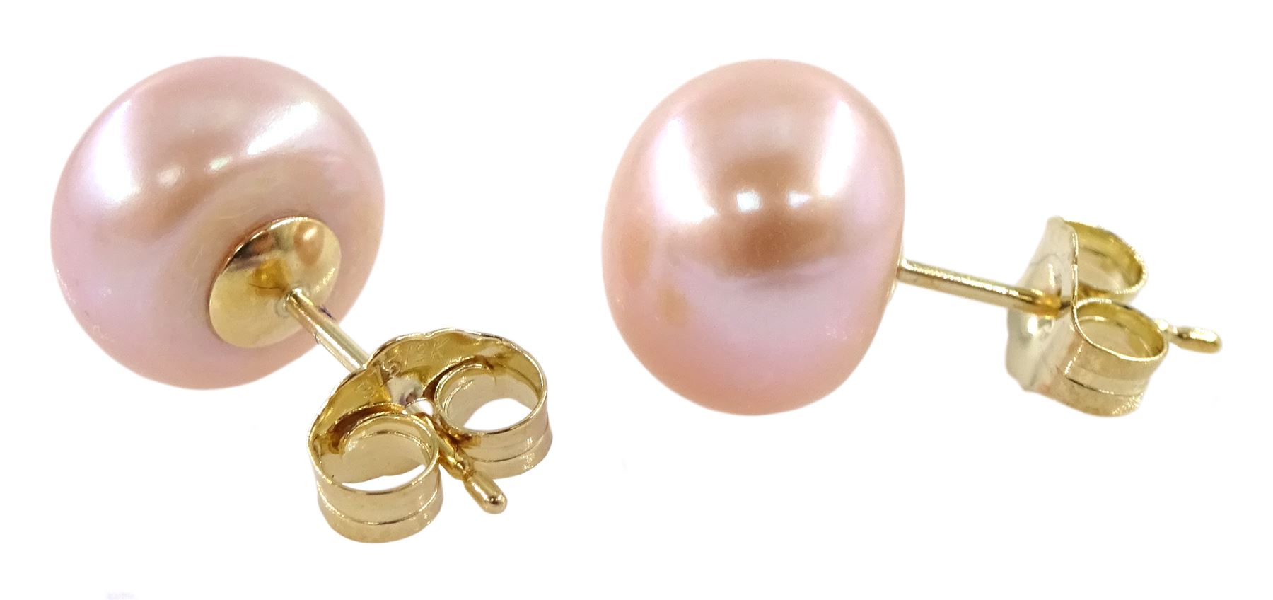 Pair of 9ct gold pink / peach pearl stud earrings, stamped 375